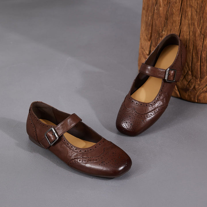 Women's Vintage British Style Leather Mary Janes - Hand-Punched Brogue Details - Soft Walking Shoes