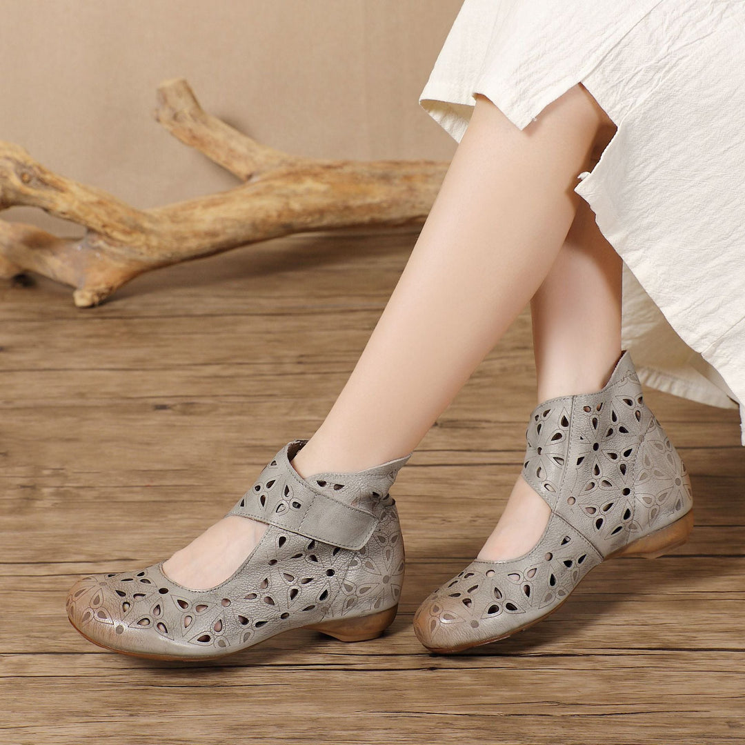 Handmade Leather Cut-Out Sandals - Vintage Bohemian Summer Flats with Adjustable Velcro