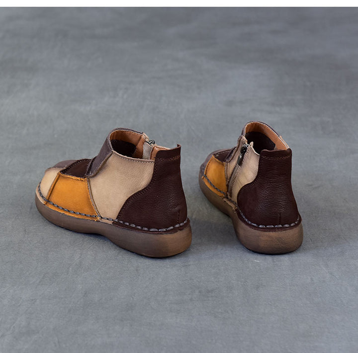 Women's Vintage Patchwork Leather Ankle Boots Hand-Stitched Flat Booties Zipper