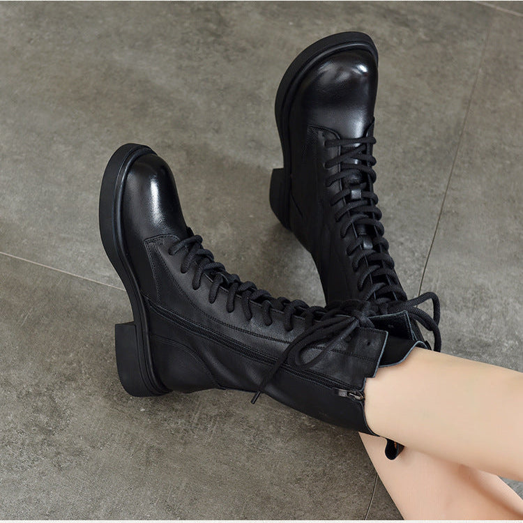 Women's Mid Calf Combat Boots Top-Grain Leather Lace Up Side Zipper Platform Booties