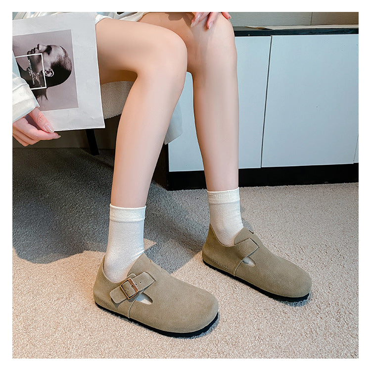 Women's Suede Leather Birkenstock Clogs - Round Toe Adjustable Buckle Strap Slip-On Loafers