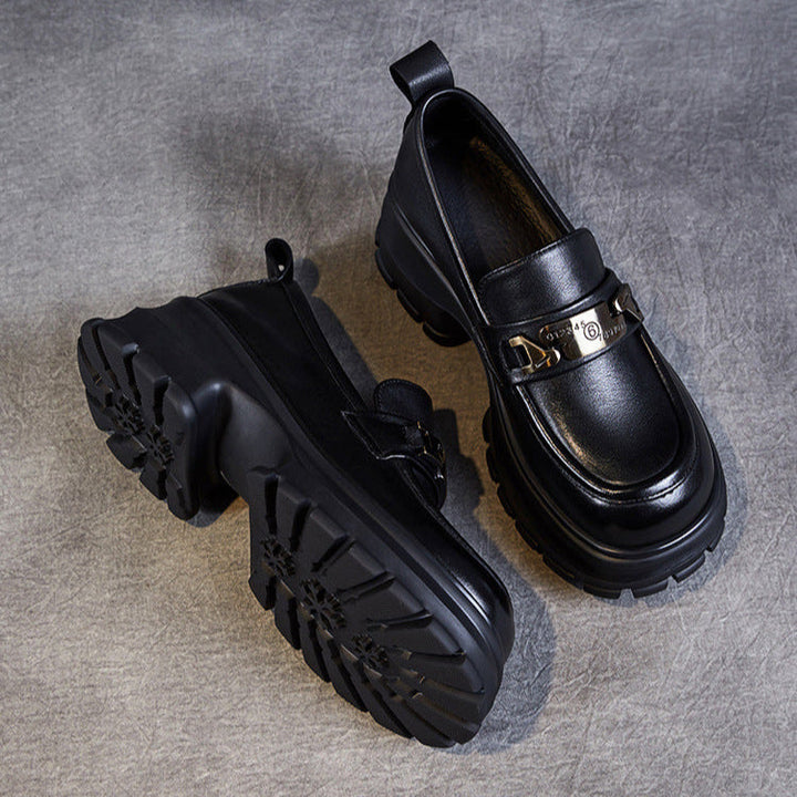 Women's Genuine Leather Platform Loafers - Chunky Heel with Metallic Hardware Details