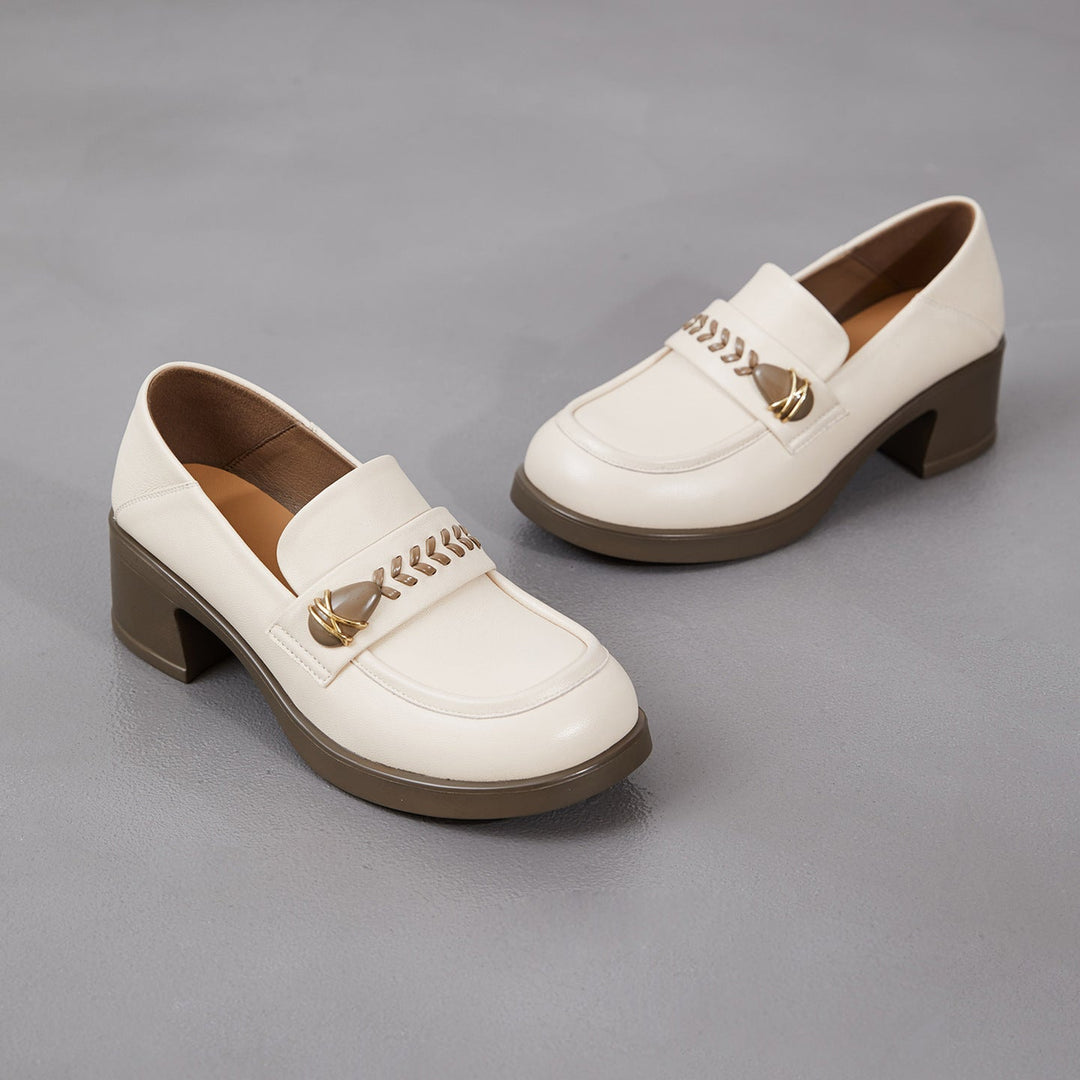 Women's Retro Sheepskin Loafers Vintage Round Toe Woven Strap Chunky Heels