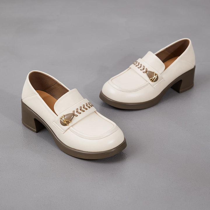 Women's Retro Sheepskin Loafers Vintage Round Toe Woven Strap Chunky Heels