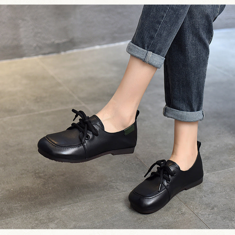 Women's Soft Leather Casual Flats – Comfortable Lace-Up Shoes