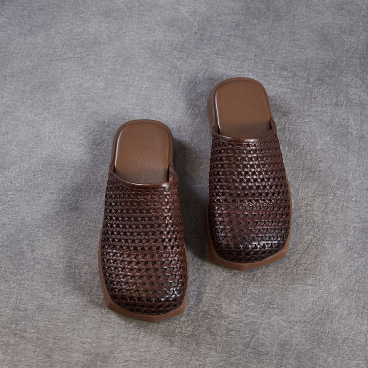 Women's Square Toe Woven Mules Genuine Leather Platform Slippers Barefoot-Friendly