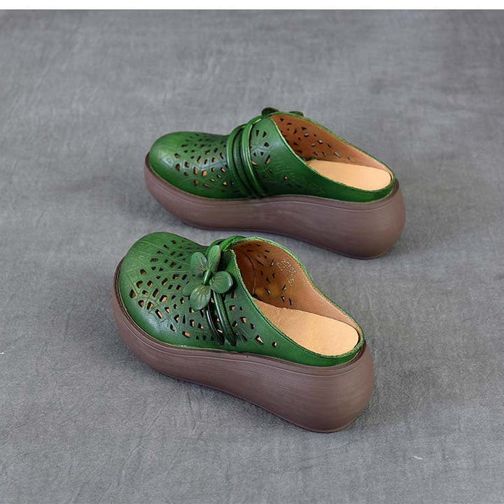 Women's Cowhide Platform Mules - Summer Shoes Breathable Floral Cut-out Sandals