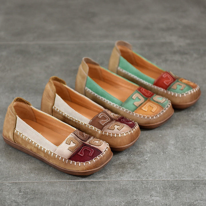Women’s Retro Handmade Leather Colour-Block Flats – Round Square Toe Soft Sole Shoes