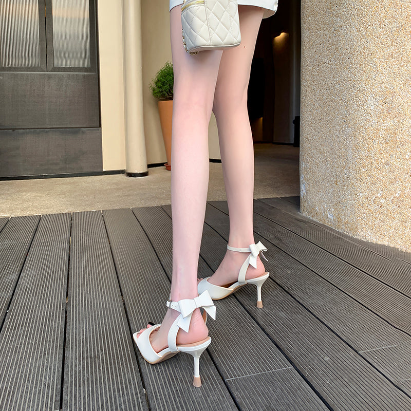 Women's Stylish Thin High Heel Sandals Ankle One Buckle With Bowknot