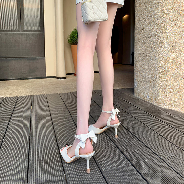 Women's Stylish Thin High Heel Sandals Ankle One Buckle With Bowknot