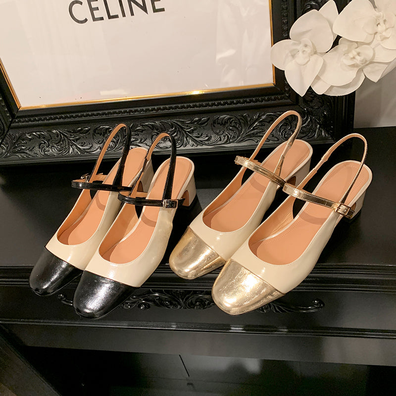 Women's Elegant French Patchwork Slip On Closed Toe Mid Heel Sandals
