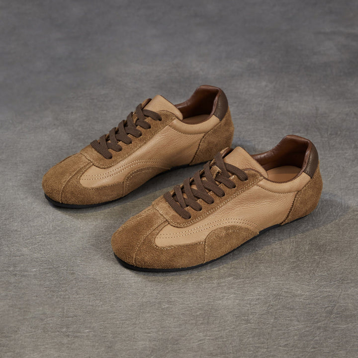 Women's Genuine Leather Retro Sneakers Vintage Lace-up Round Toe Flat Walking Shoes
