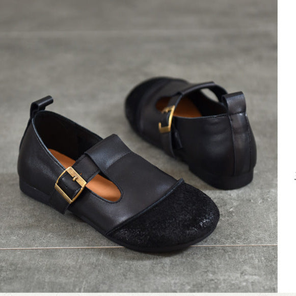 Vintage Literary Handmade Leather Round Toe T Buckle Mary Jane Women's Shoes