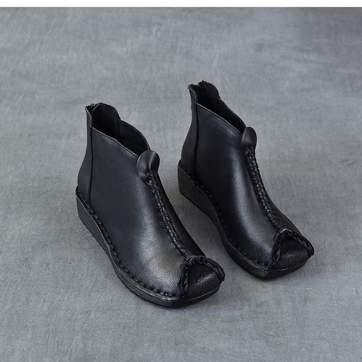 Women's Leather Ankle Boots - Vintage Wedge Low Heel Booties, Zipper Round Toe Stitching Fall Winter Shoes