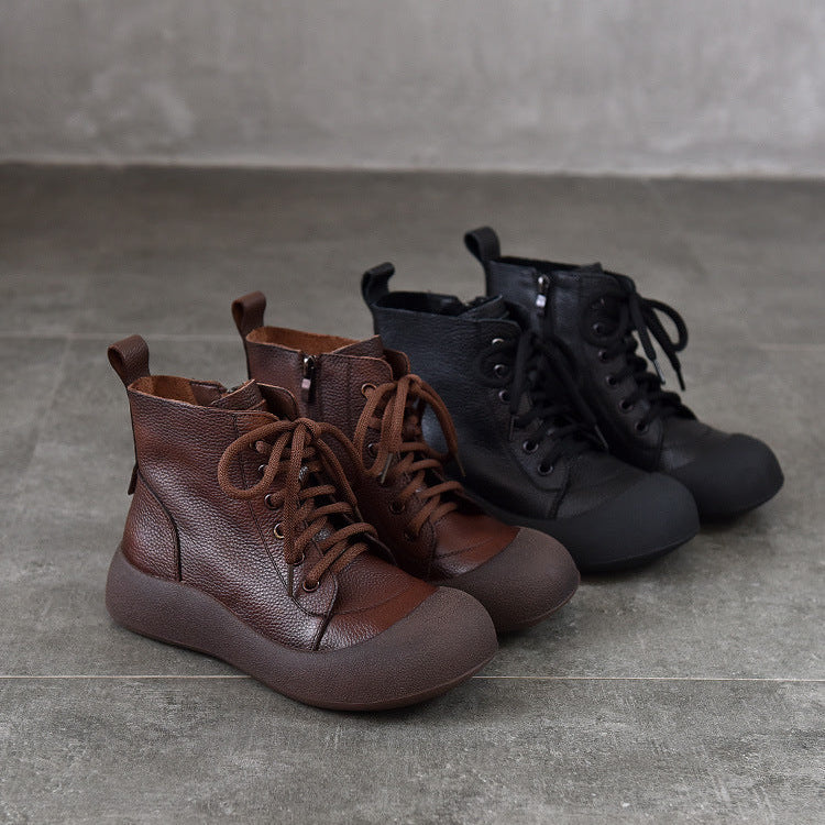 Women's Leather Daily Walking Boots – Lace-Up and Side Zipper