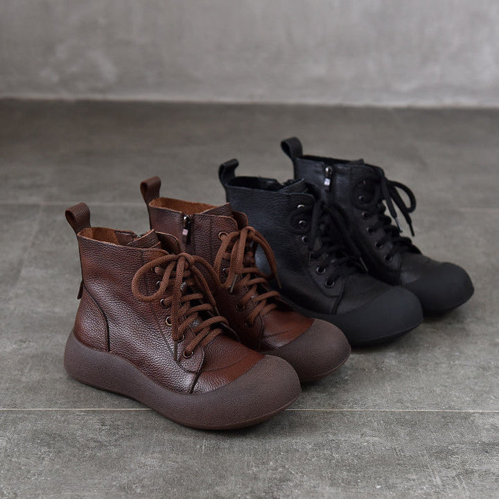 Women's Leather Daily Walking Boots – Lace-Up and Side Zipper