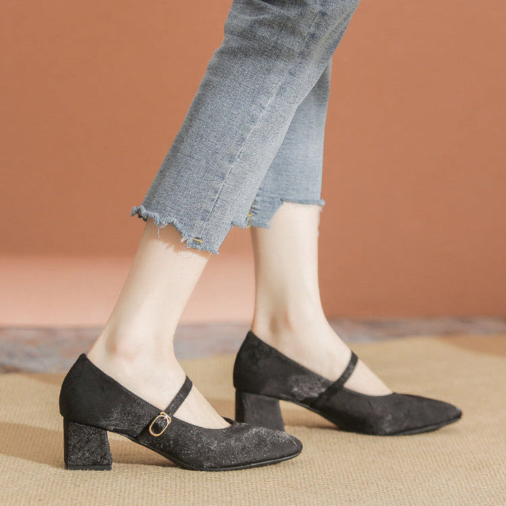 Women's Satin Floral Square Toe Buckle Mid Heel Mary Jane Heel