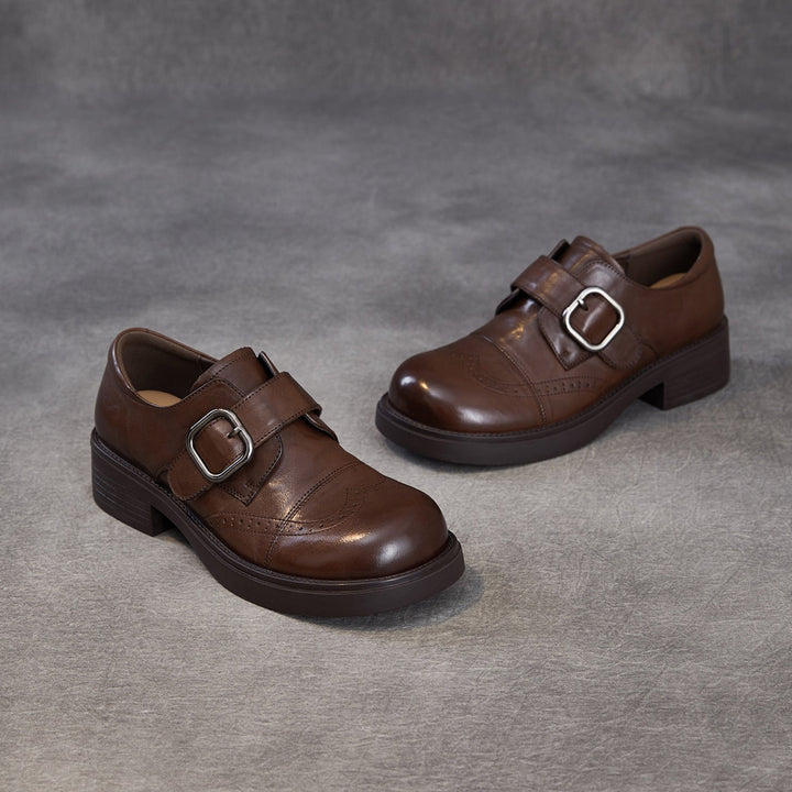 Women's Genuine Leather Chunky Platform Monk Strap Loafers Vintage Brogue Slip-on Shoes