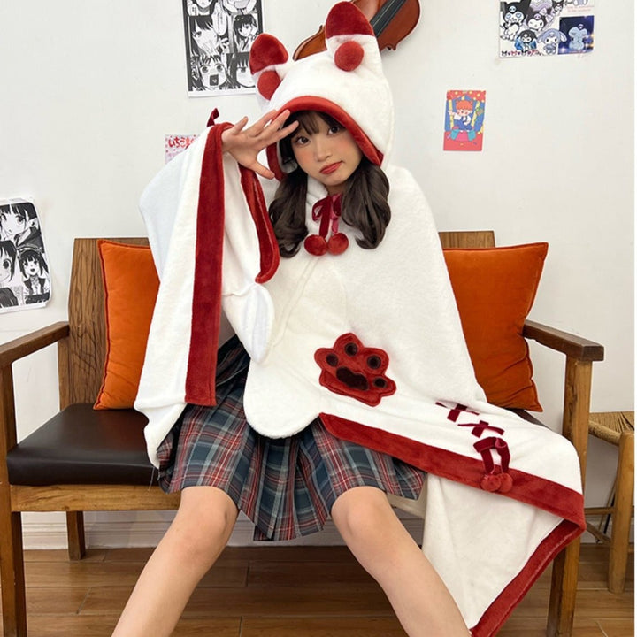Japanese Kawaii Cartoon Fox Paw Plush Hooded Blanket
