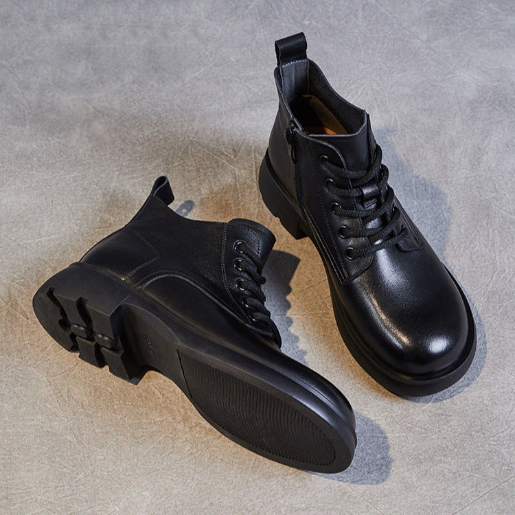Women's Genuine Leather Casual Ankle Boots – Round Toe with Side Zipper