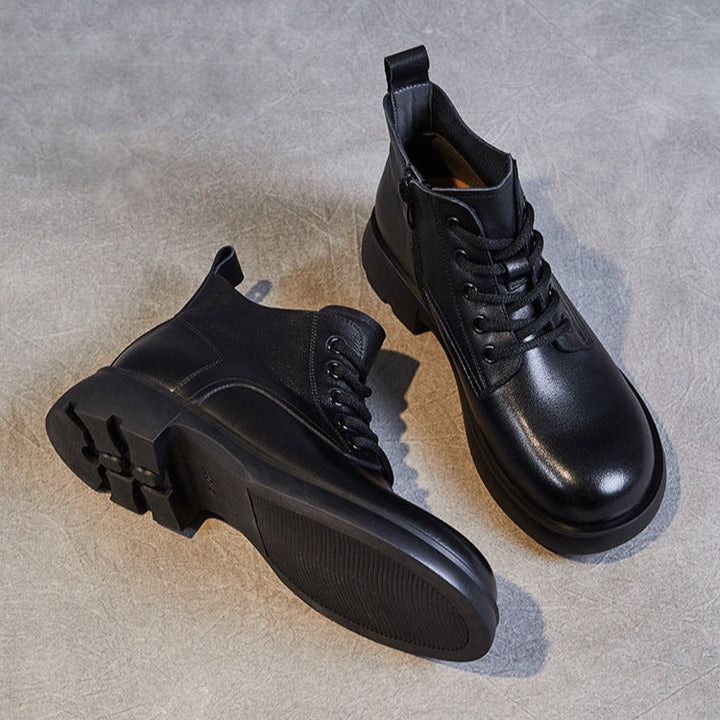 Women's Genuine Leather Casual Ankle Boots – Round Toe with Side Zipper