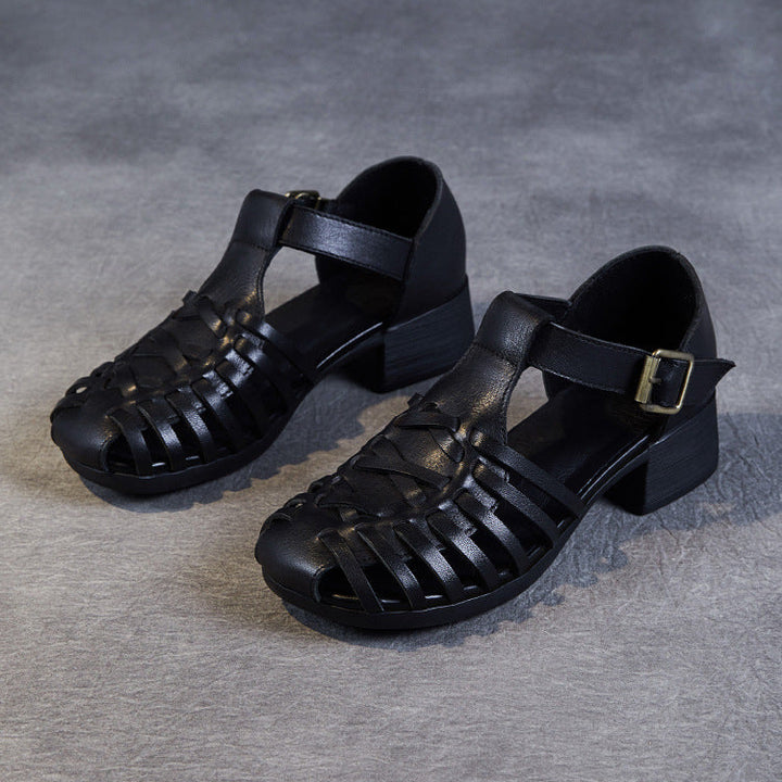 Women's Leather Fisherman Sandals - Vintage Interlocking Woven Closed Mid Block Heel Shoes with Buckle