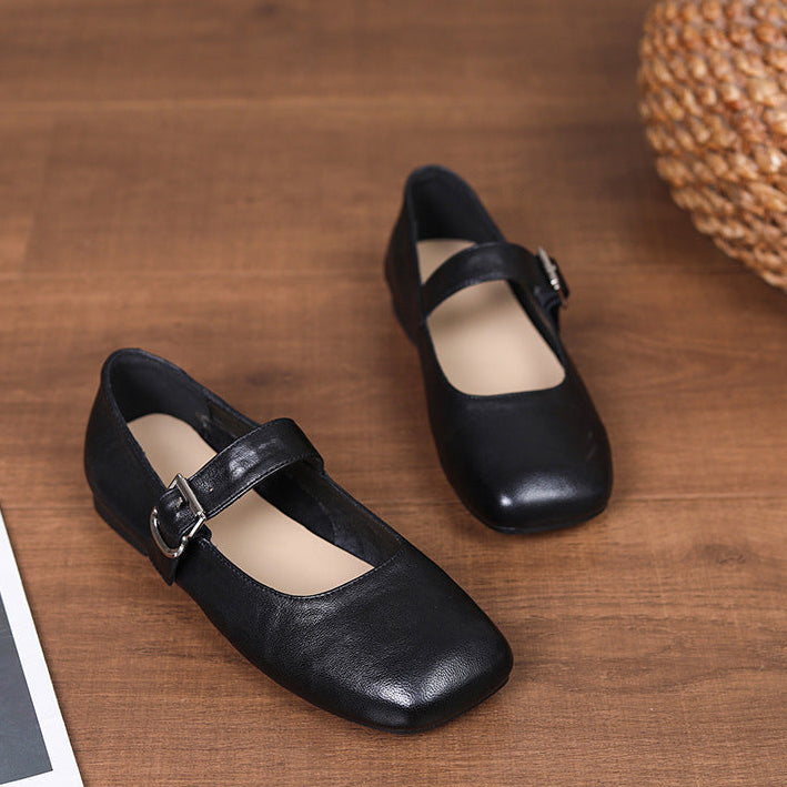 Women‘s Retro Leather Mary Jane Flats Vintage Square Toe Casual Ballet Shoes