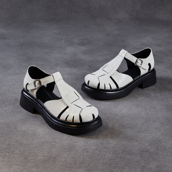 Women's Chunky T-Strap Mary Janes Platform Perforated Fisherman Sandals Casual Summer Shoes