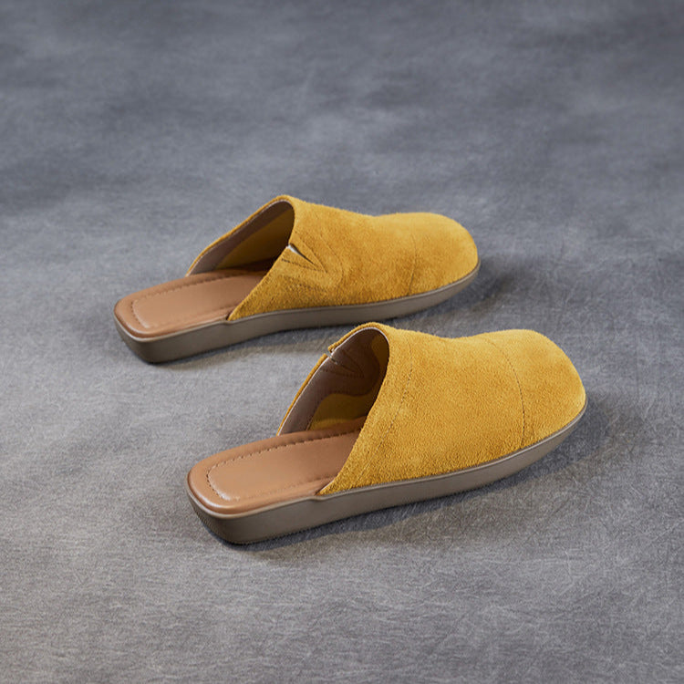 Women's Minimalist Nubuck Mules - Round-Toe Flat with Slip-On Ease