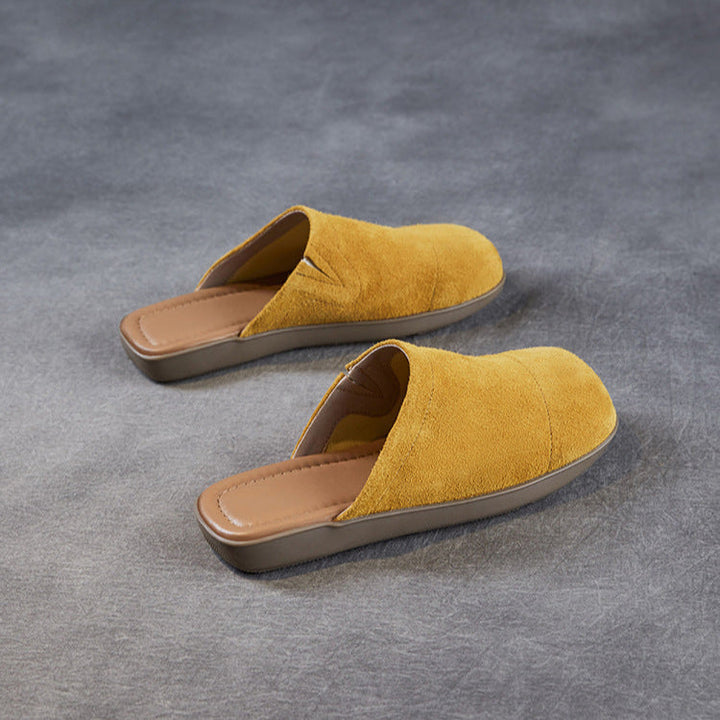 Women's Minimalist Nubuck Mules - Round-Toe Flat with Slip-On Ease