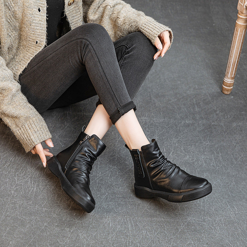 Comfortable Women's Flat Leather Boots – Casual Ruched Ankle Style