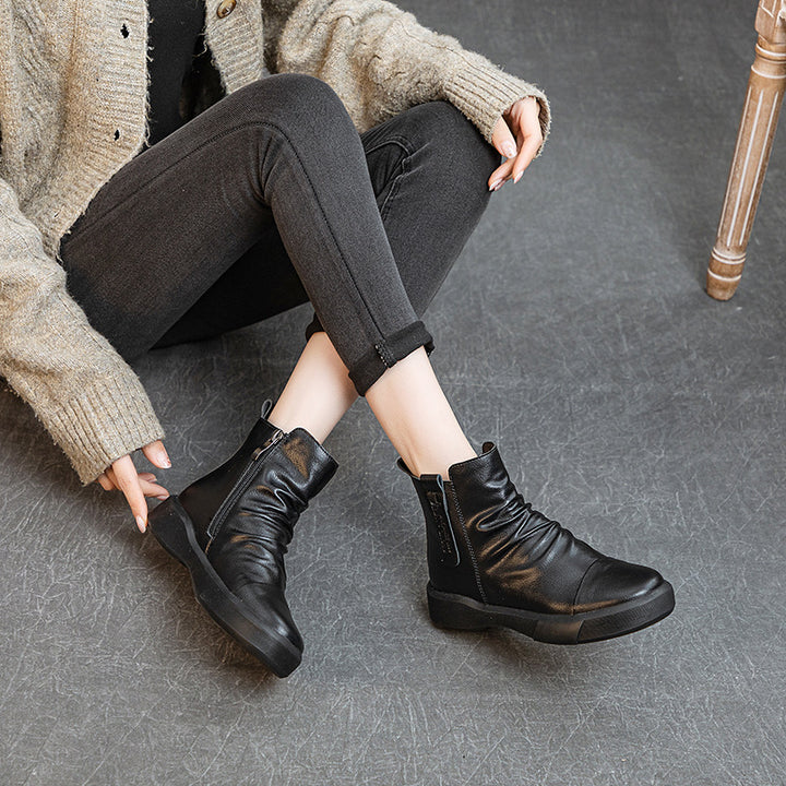 Comfortable Women's Flat Leather Boots – Casual Ruched Ankle Style