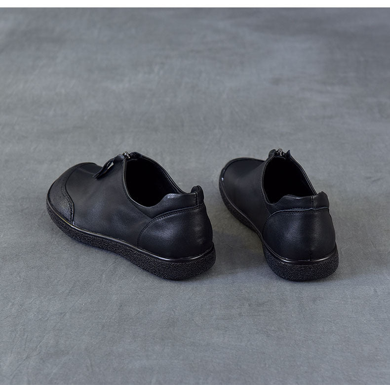 Women's Vintage Leather Slip-On Flats Front Zipper Soft Sole Driving Shoes