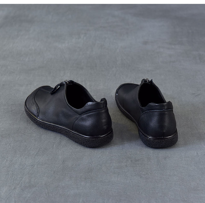 Women's Vintage Leather Slip-On Flats Front Zipper Soft Sole Driving Shoes