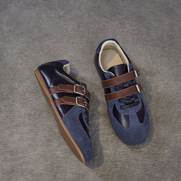 Women's Genuine Leather Double Buckle Strap Sneakers Retro Slip-on Flat Shoes