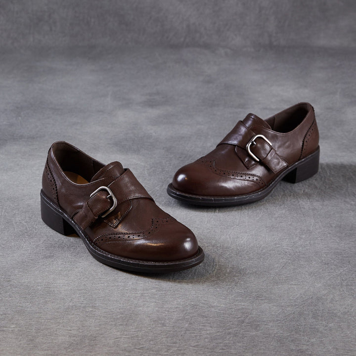 Women's Retro Leather Monk Strap Shoes Vintage Round Toe Brogue Chunky Heels