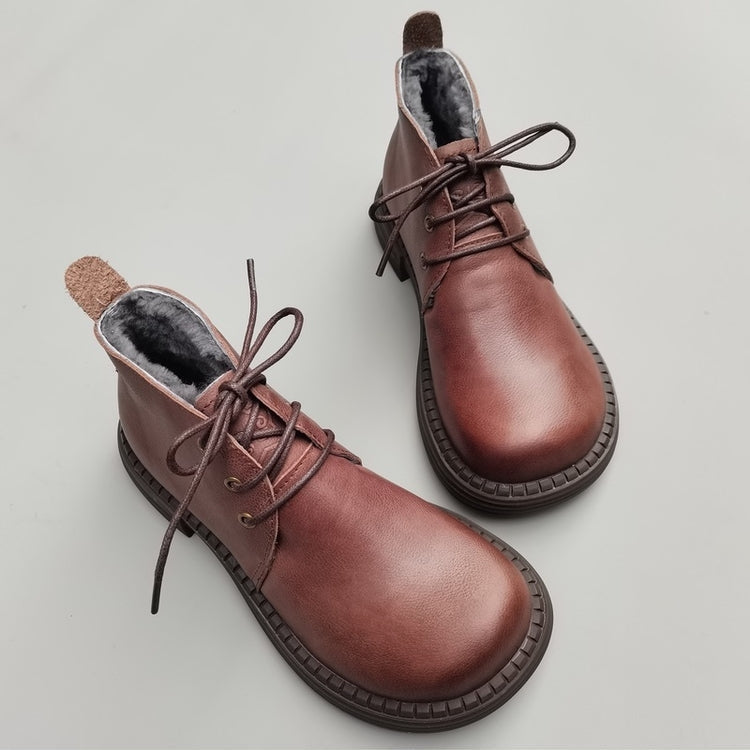 Wide Toe Leather Ankle Boots for Women – Lace-up Handmade Shearling Winter Shoes