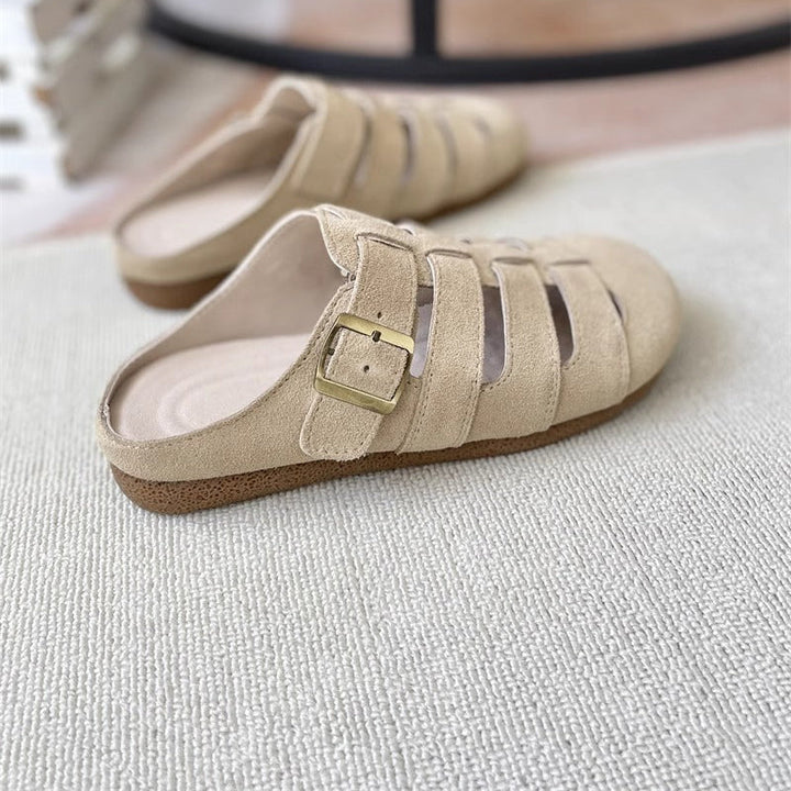 Women's Suede Round Toe Hollowed Out Casual Buckle Mule