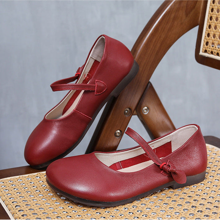 Women's Leather Mary Jane Flats - Vintage Round Toe Slip-On Ballet Flats with Bow Knot Strap Comfort Walking Shoes