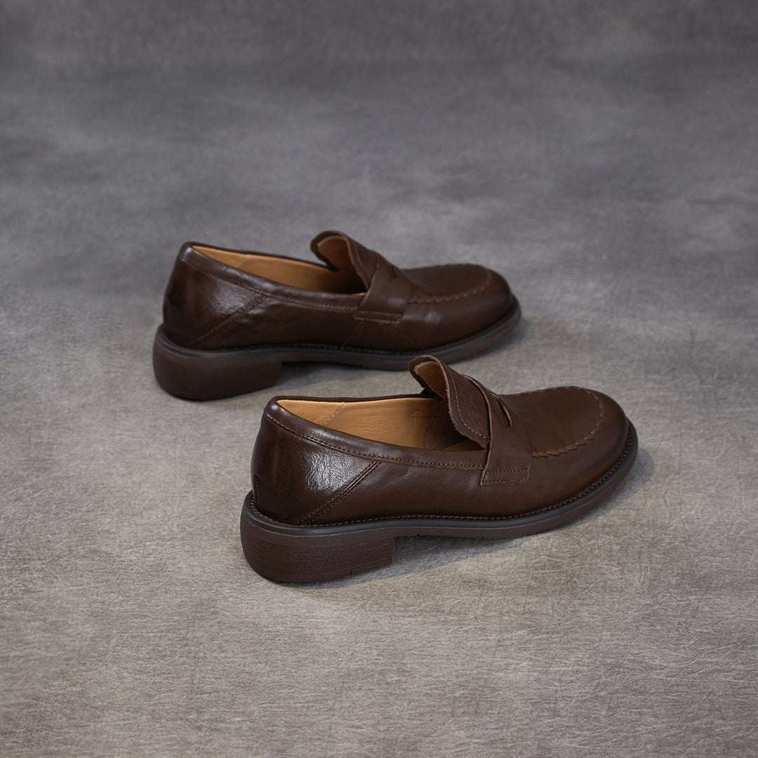 Women's Genuine Leather Penny Loafers Vintage Slip-on Round Toe Low Heel Shoes