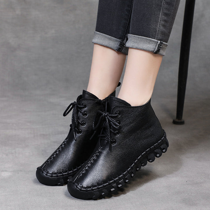 Womens Soft Leather Casual Lace-up Shoes Ankle Boots