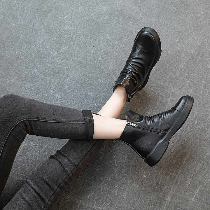 Comfortable Women's Flat Leather Boots – Casual Ruched Ankle Style
