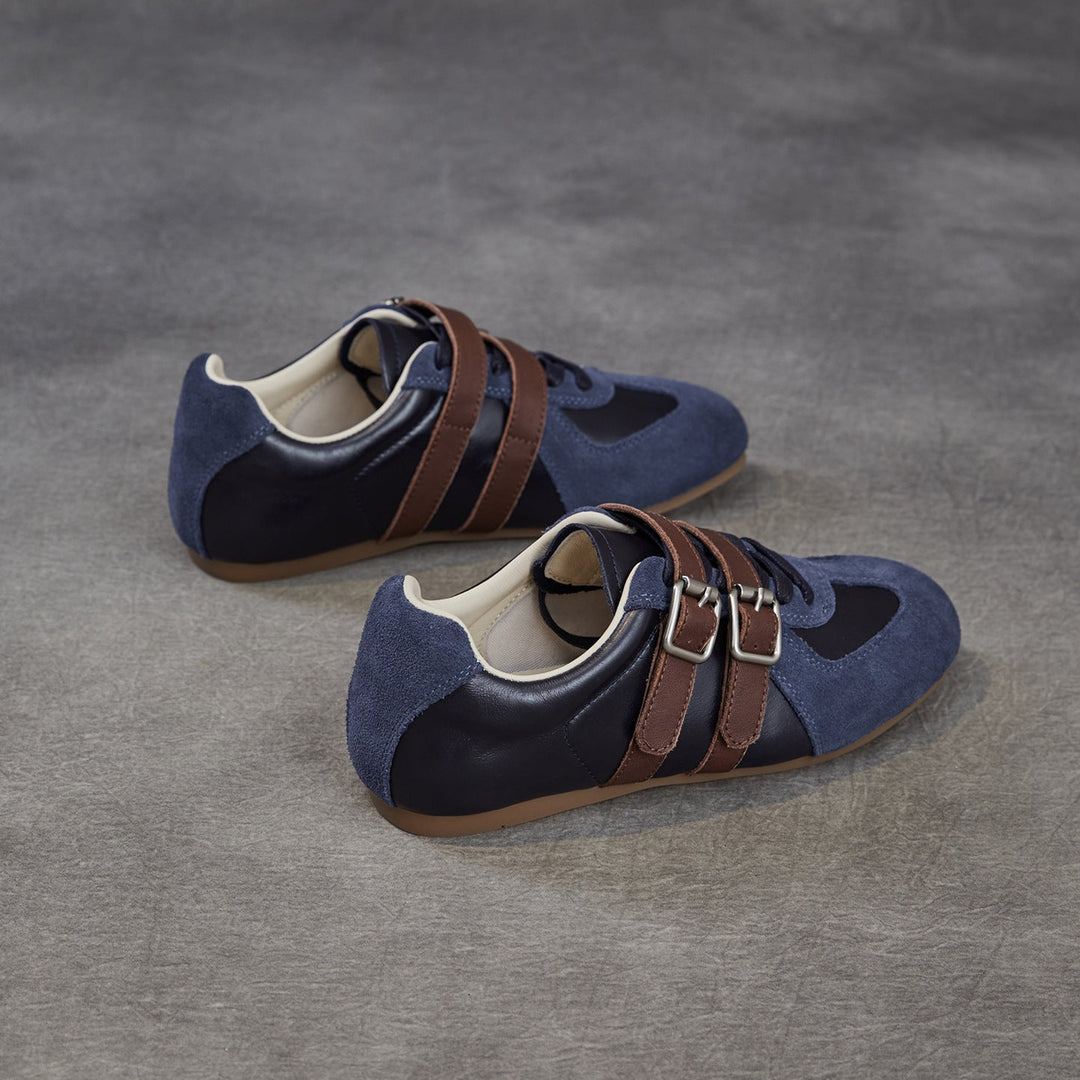 Women's Genuine Leather Double Buckle Strap Sneakers Retro Slip-on Flat Shoes
