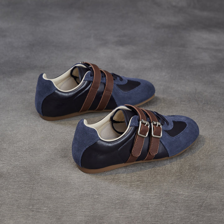 Women's Genuine Leather Double Buckle Strap Sneakers Retro Slip-on Flat Shoes