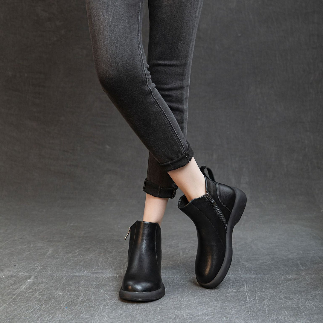 Women's Comfortable Leather Ankle Boots – Low Heel with Side Zipper