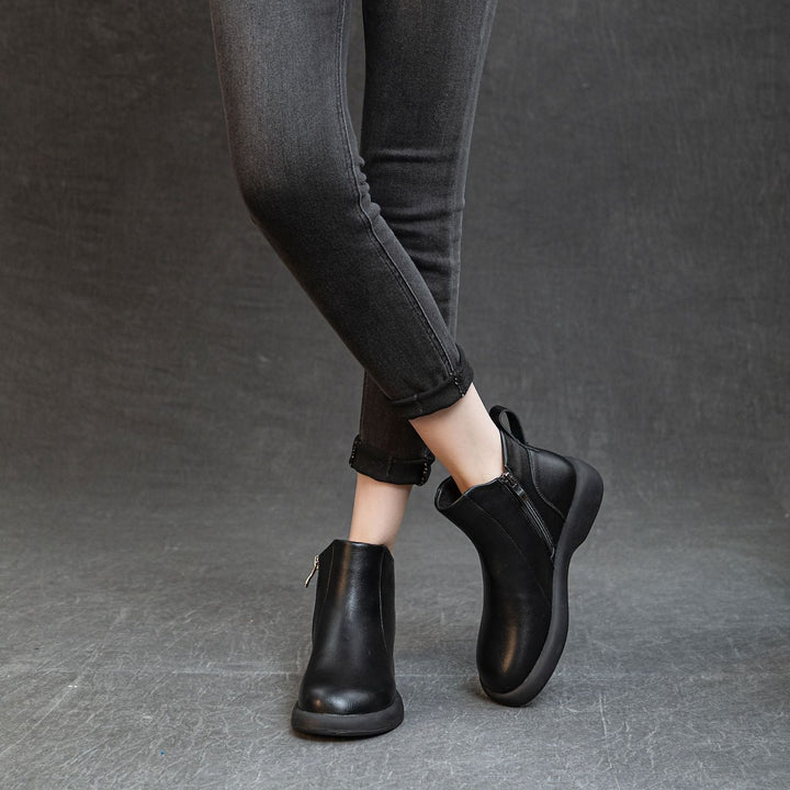 Women's Comfortable Leather Ankle Boots – Low Heel with Side Zipper