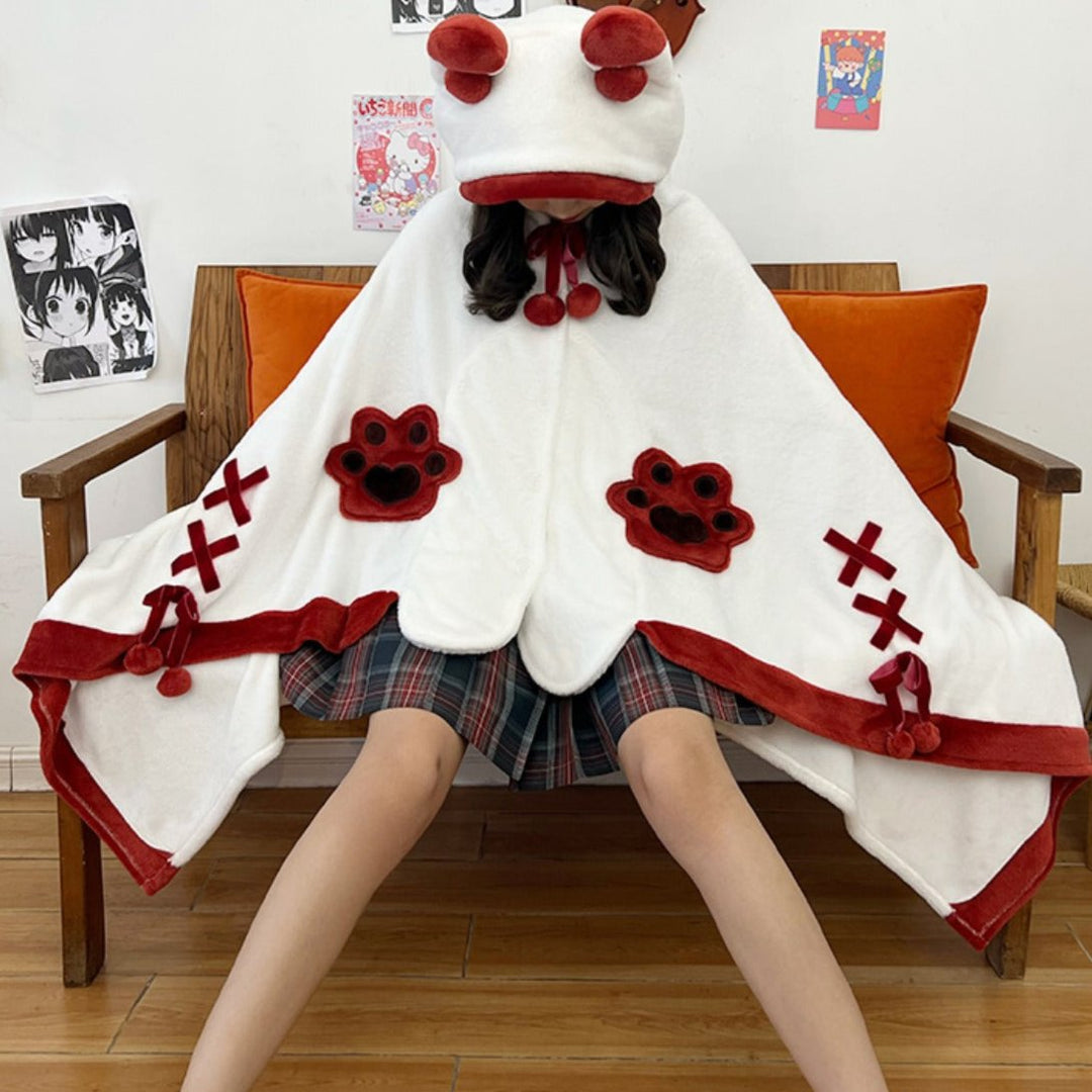 Japanese Kawaii Cartoon Fox Paw Plush Hooded Blanket