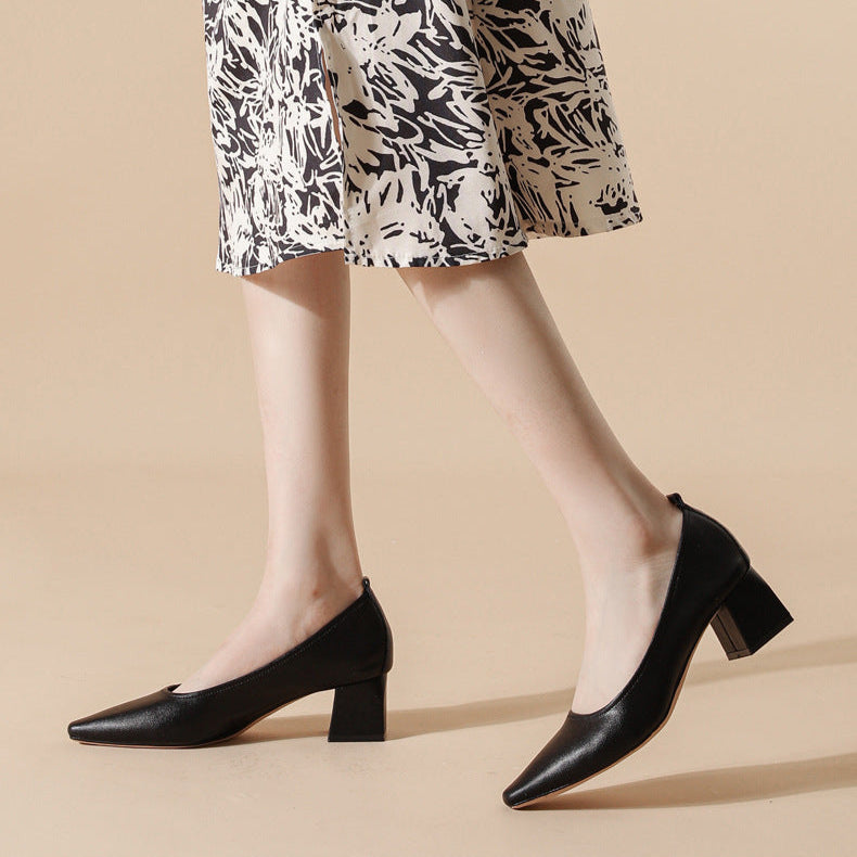 Women's Leather Pointed Toe Minimalist Mid Heel Pump