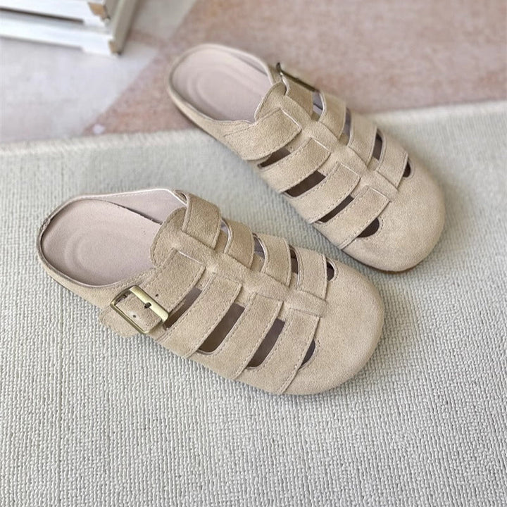 Women's Suede Round Toe Hollowed Out Casual Buckle Mule