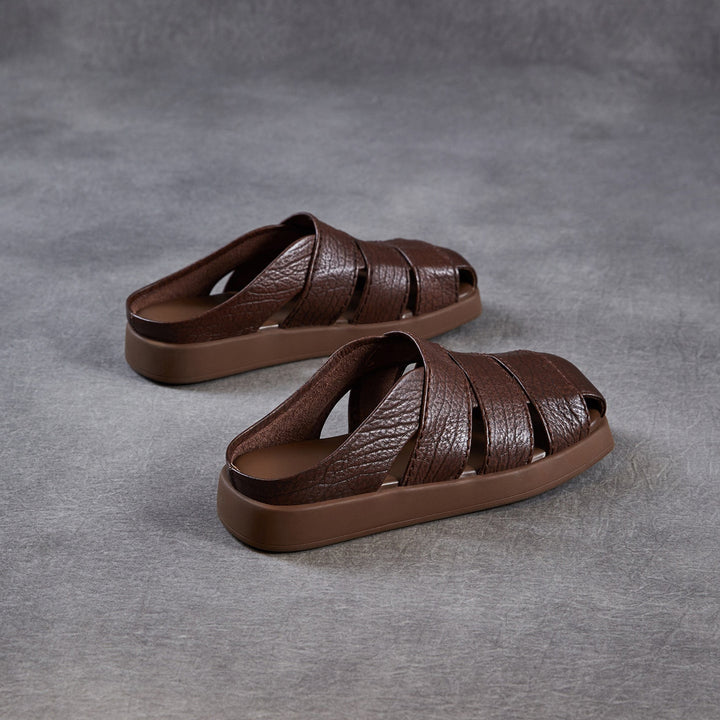 Women's Leather Mules - Multi-Strap Woven Closed Flat Sandals Casual Summer Slip-On Slides